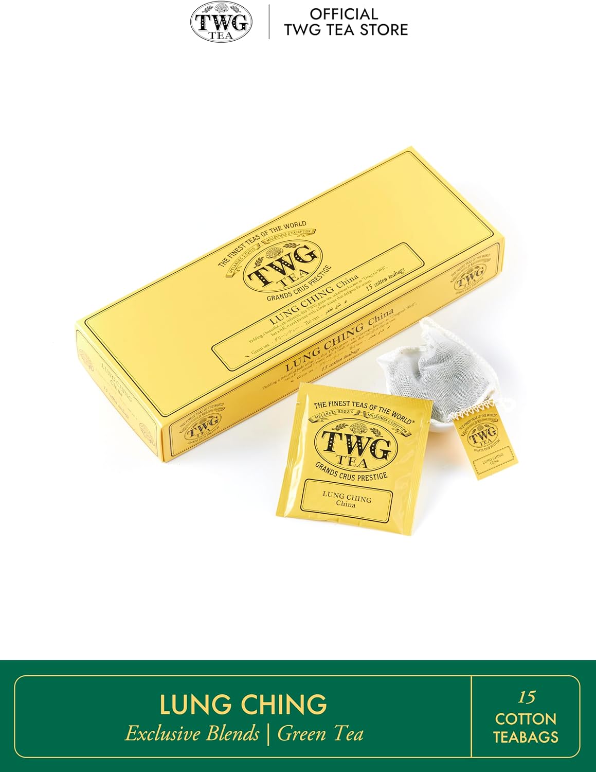 TWG Tea | Lung Ching | Green Tea | Aromatic Jade Infusion | 15 Hand Sewn Cotton Teabags | Gift Set