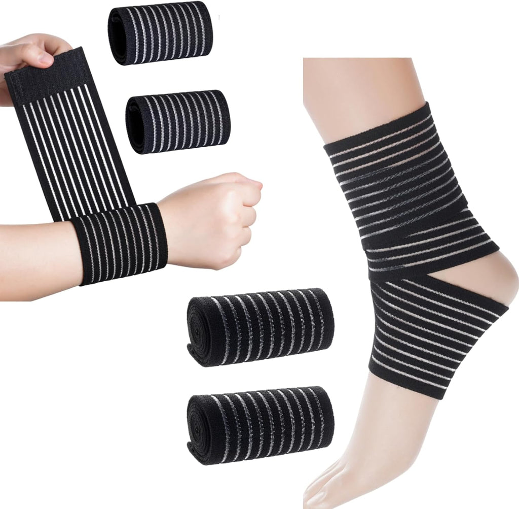 Rbenxia 4 Pieces of Black Elastic Wrist Ankle Compression Bandage Adjustable Wrist Ankle Strap Heel Brace Wraps Breathable Wrist Ankle Band for Stabilising Ligament, Joint Pain, Sport (40＆70 cm)