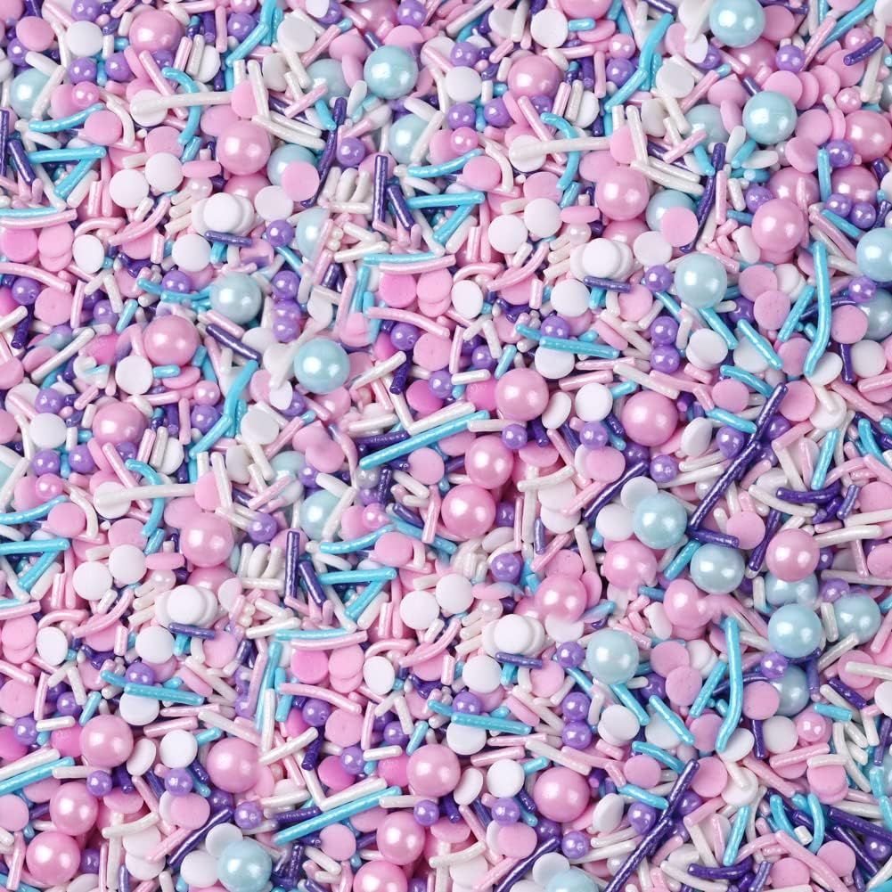 LEBERY 8.4 Oz Pastel Sprinkles, White Pink Purple Blue Sprinkles, Edible Cake Cupcake Sprinkle Edible Cake Pearls for Cake Decorating Mermaid Sprinkle Jimmies Mix for Baking Cookie Decoration