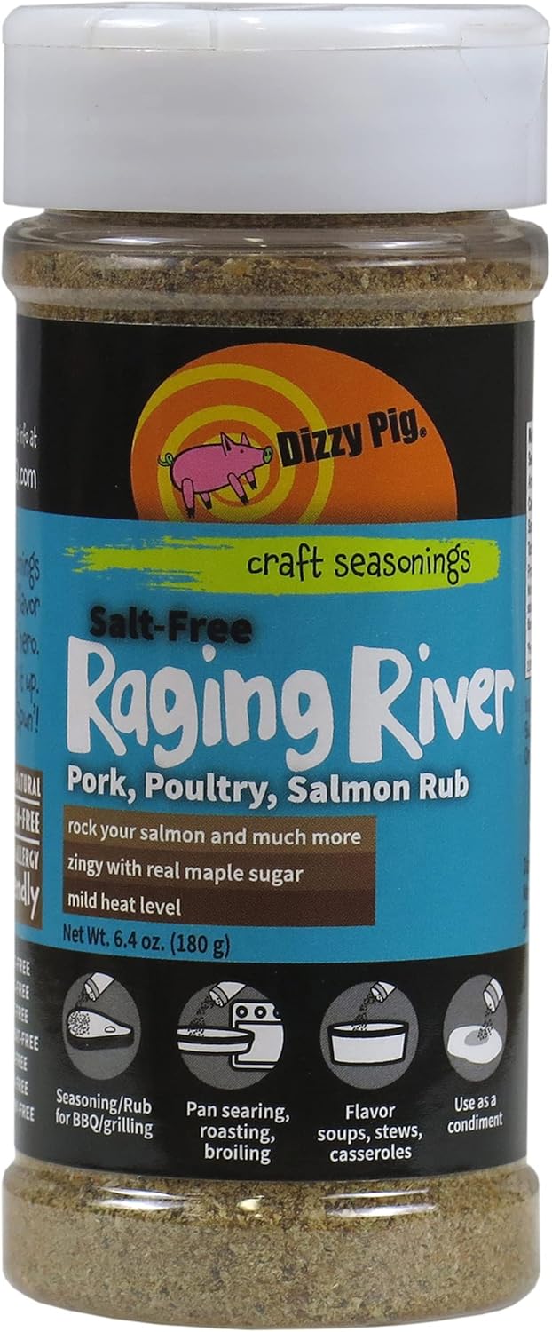 Dizzy Pig Salt-Free Raging River Salmon Seasoning Rub (8oz Shaker) - Seasons 30+lbs of Food - Hand Made in the USA - MSG Free, Gluten Free