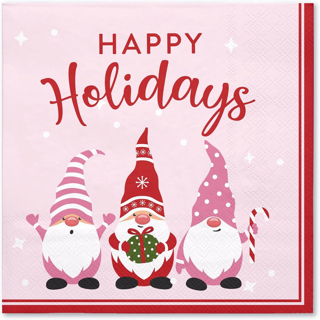 WRAPAHOLIC 50Pcs Christmas Gnomes Paper Napkins - 3-Ply Disposable Cocktail Napkin for Christmas Party Supplies Tableware, Xmas Holiday Party Decorative Towels - 5 x 5 In