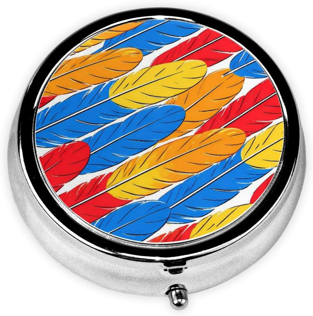 Colorful Feather Print Pill Box Portable Small Travel Pill Organizer