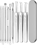 Professional 9-in-1 Blackhead Remover Tools Kit with Stainless Steel Tweezers & Travel Case, Sliver