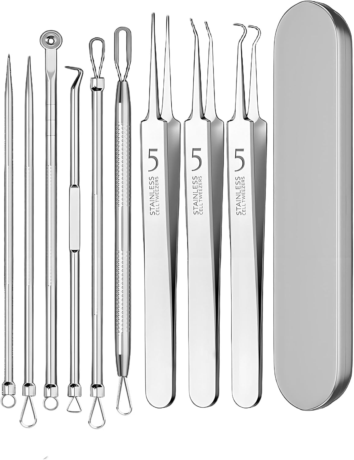 Professional 9-in-1 Blackhead Remover Tools Kit with Stainless Steel Tweezers & Travel Case, Sliver