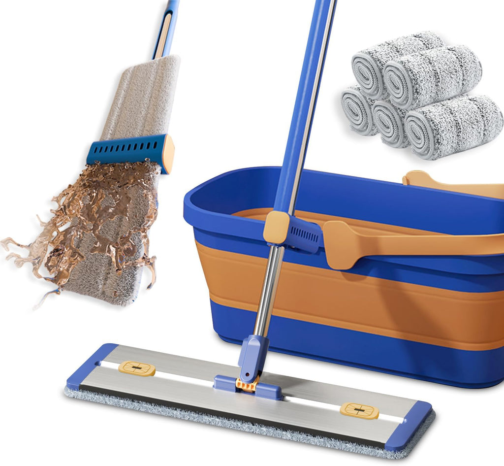 Self Wringing Microfiber Flat Mop and Bucket System with 16.5" Large Head and 55" Long Handle for Floor Wall Cleaning, 5 Microfiber Pads and Foldable Bucket, Wet and Dry