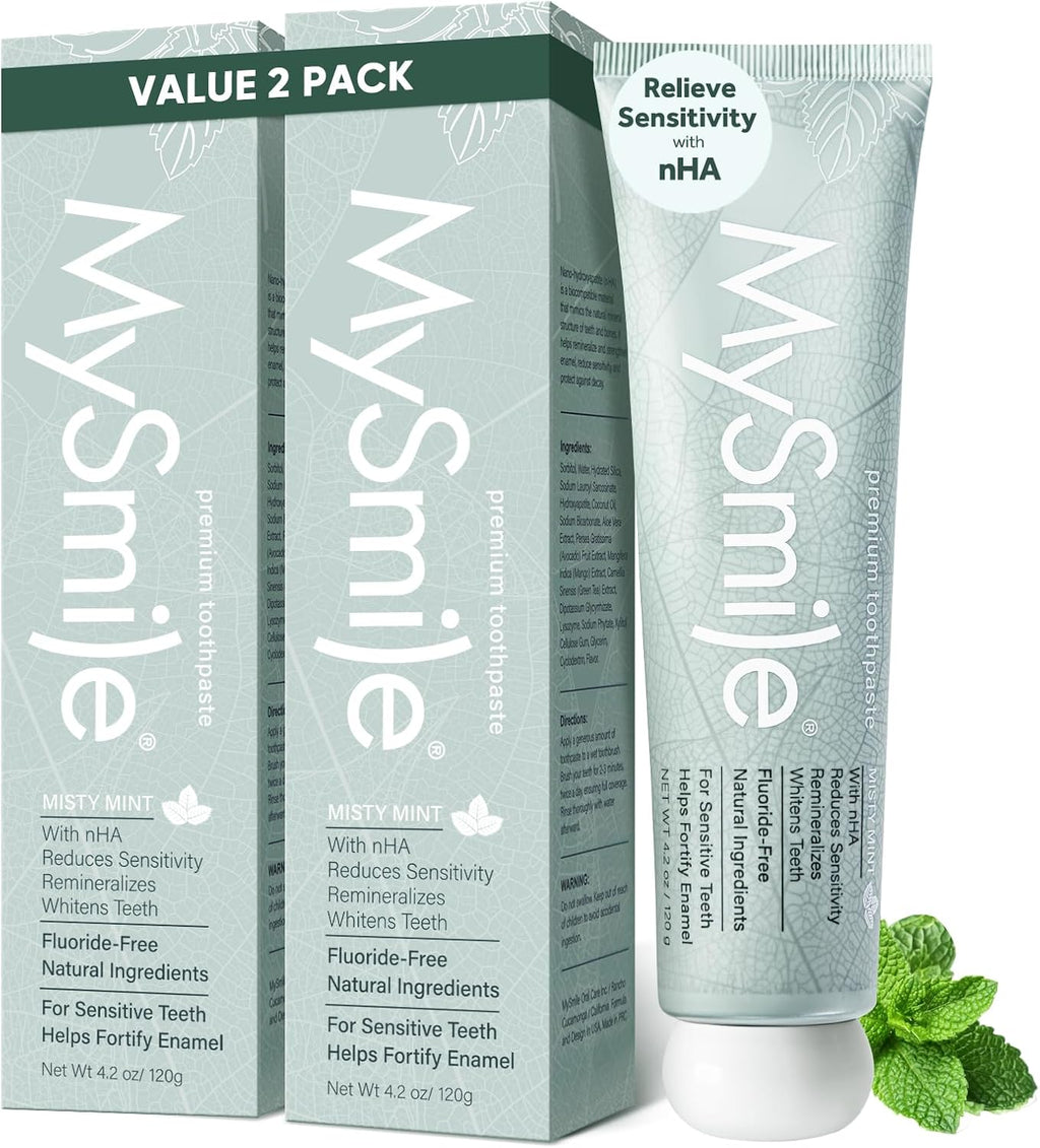MySmile Fluoride Free Nano Hydroxyapatite Toothpaste for Sensitive Teeth, Strengthens Enamel, Remineralizes & Whitens Teeth, Freshens Breath for Adults, SLS Free, Misty Mint, 4.2 oz