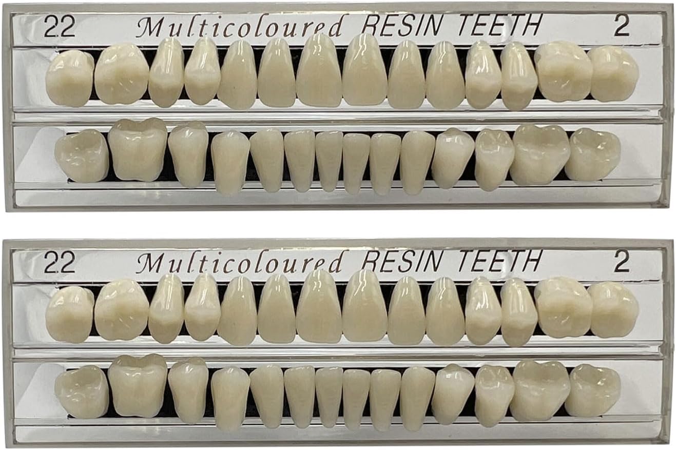 56 Pcs False Teeth Fake Teeth 2 Sets Synthetic Resin Dental Tooth, Upper Lower Denture Tooth, Party Horror Prop Makeup DIY Replacement, 22 A2