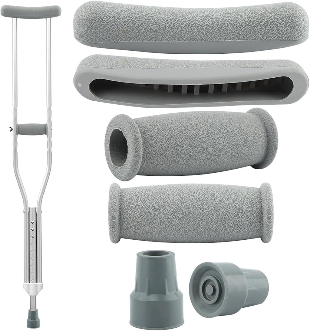 Crutch Pads and Caps Set, 6pcs Underarm Hand Grips Crutch Pad, Universal Rubber Padding for Armpits and Hand Grips with Replacement Feet Caps Crutc-h Accessories(Color:Grey)