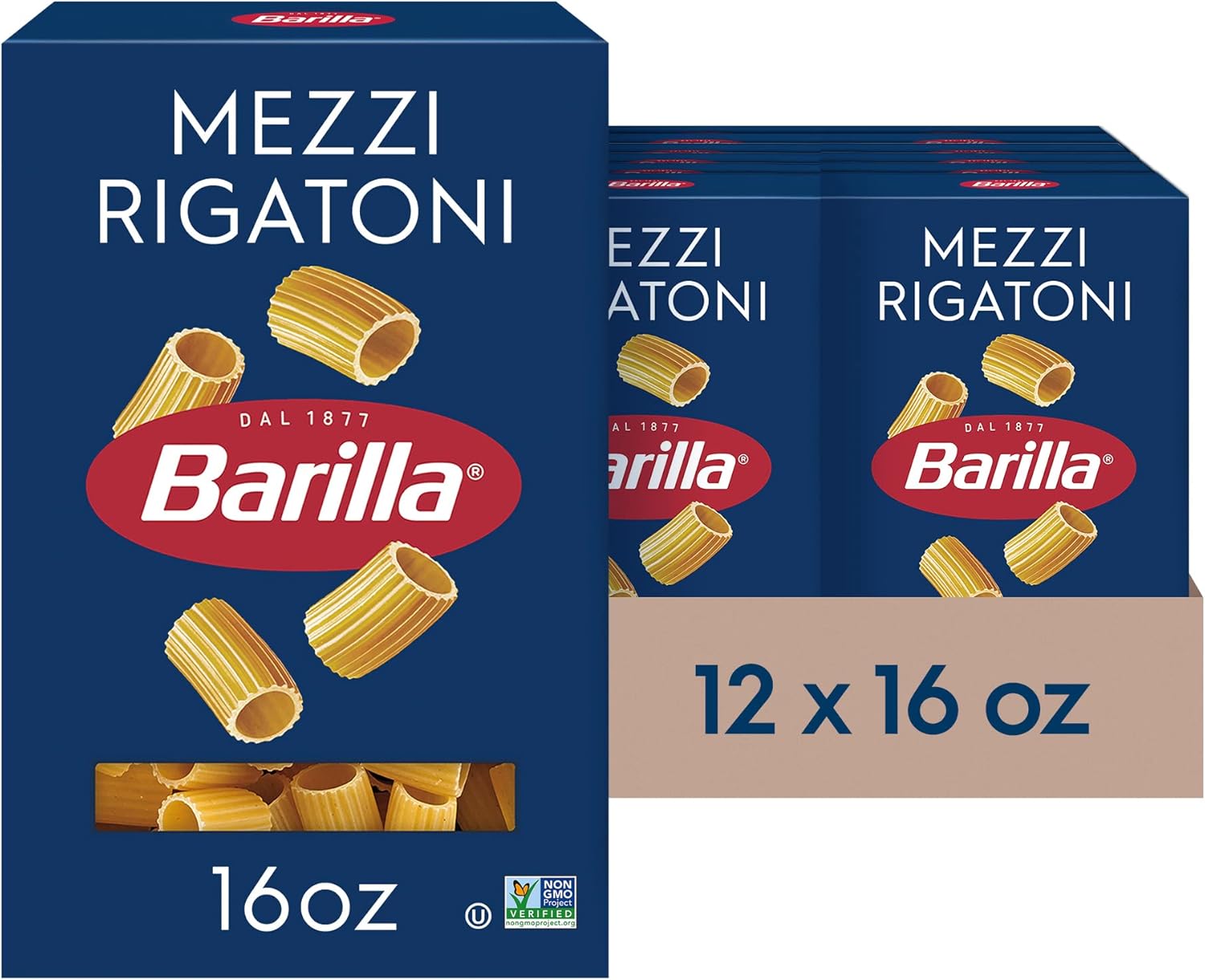 Barilla Mezzi Rigatoni Pasta, 16 oz. Box (Pack of 12) - Non-GMO Pasta Made with Durum Wheat Semolina - Kosher Certified Pasta