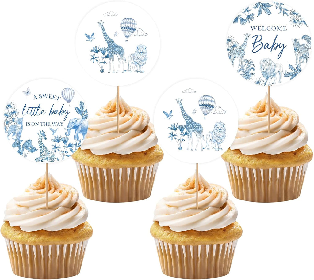 36PCS Blue French Baby Shower Cupcake Toppers, Jungle Animal Welcome Baby Cupcake Picks for Boys, Chinoiserie Cake Decor for Safari Animal Themed Gender Reveal/First Birthday Party Decoration