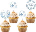 36PCS Blue French Baby Shower Cupcake Toppers, Jungle Animal Welcome Baby Cupcake Picks for Boys, Chinoiserie Cake Decor for Safari Animal Themed Gender Reveal/First Birthday Party Decoration