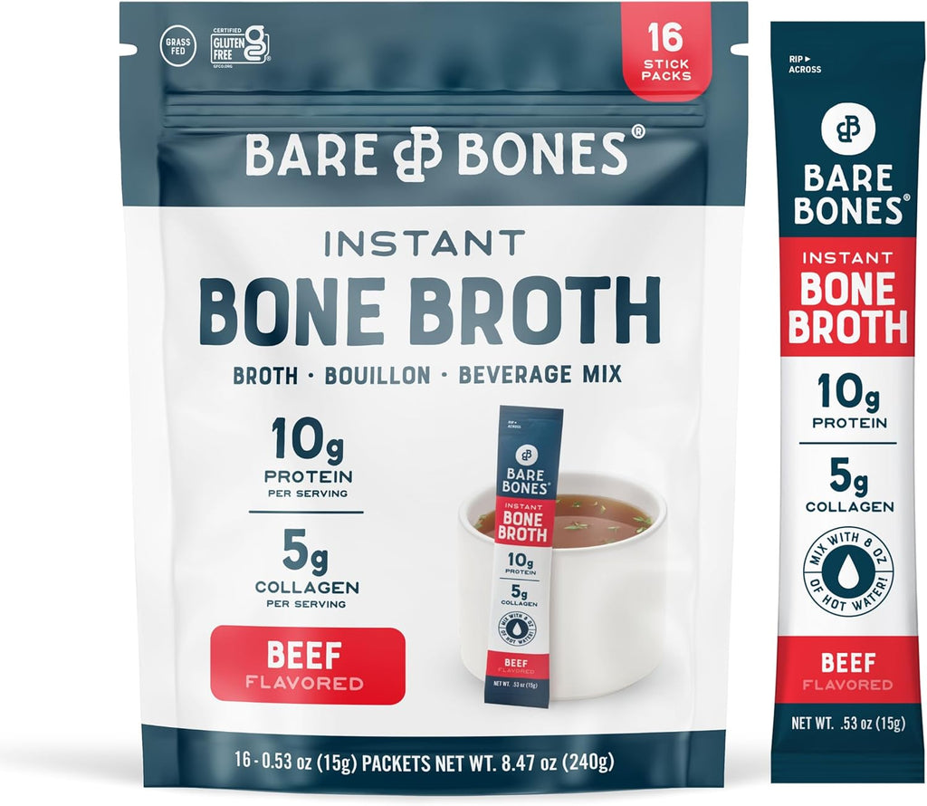 Bare Bones Beef Bone Broth Instant Powdered Mix Packets | 5g Collagen | 10g Protein | Keto & Paleo Friendly | No Artificial Flavors | Rich Savory on-the-go 16 Pack