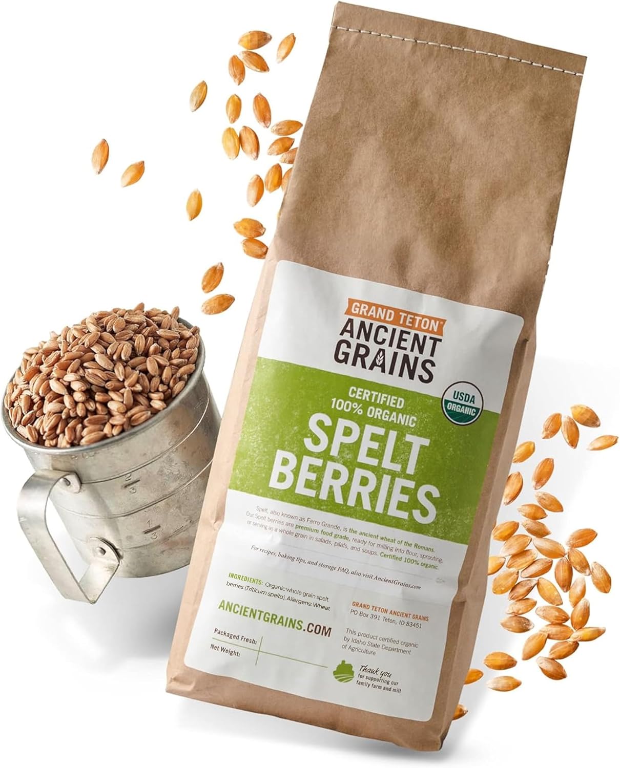 Grand Teton Ancient Grains - 100% Organic Spelt Berries, 5 lbs, Whole Unmilled Spelt Berries, US-Grown Farro Organic Grain, Nutritious Baking Staple, Whole Grain Spelt in Brown Paper Bag