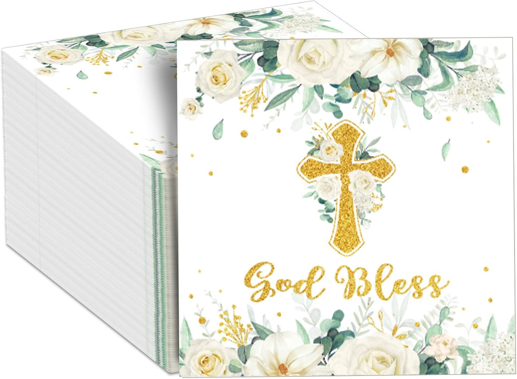 100Pcs God Bless Flower Napkins Baptism Paper Napkins White Floral Disposable Napkin First Holy Communion Party Decors for Mi Bautizo Christening Ceremony Newborn Religious Party Supplies