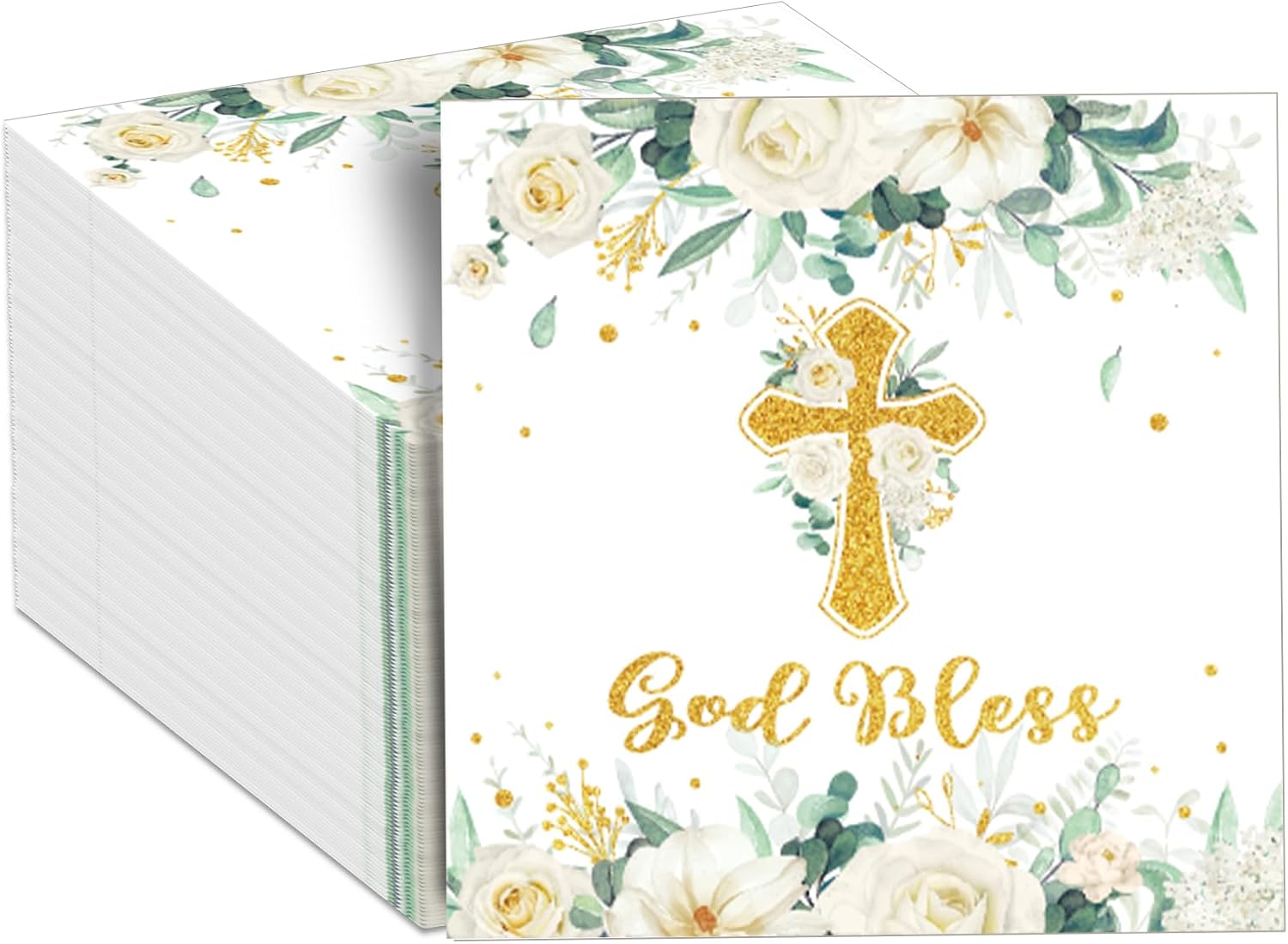 100Pcs God Bless Flower Napkins Baptism Paper Napkins White Floral Disposable Napkin First Holy Communion Party Decors for Mi Bautizo Christening Ceremony Newborn Religious Party Supplies