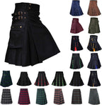 Mens Scottish Kilts Traditional Highland Tartan Utility Kilt High Waist Buckle Strap Pleated Skirt with Cargo Pockets
