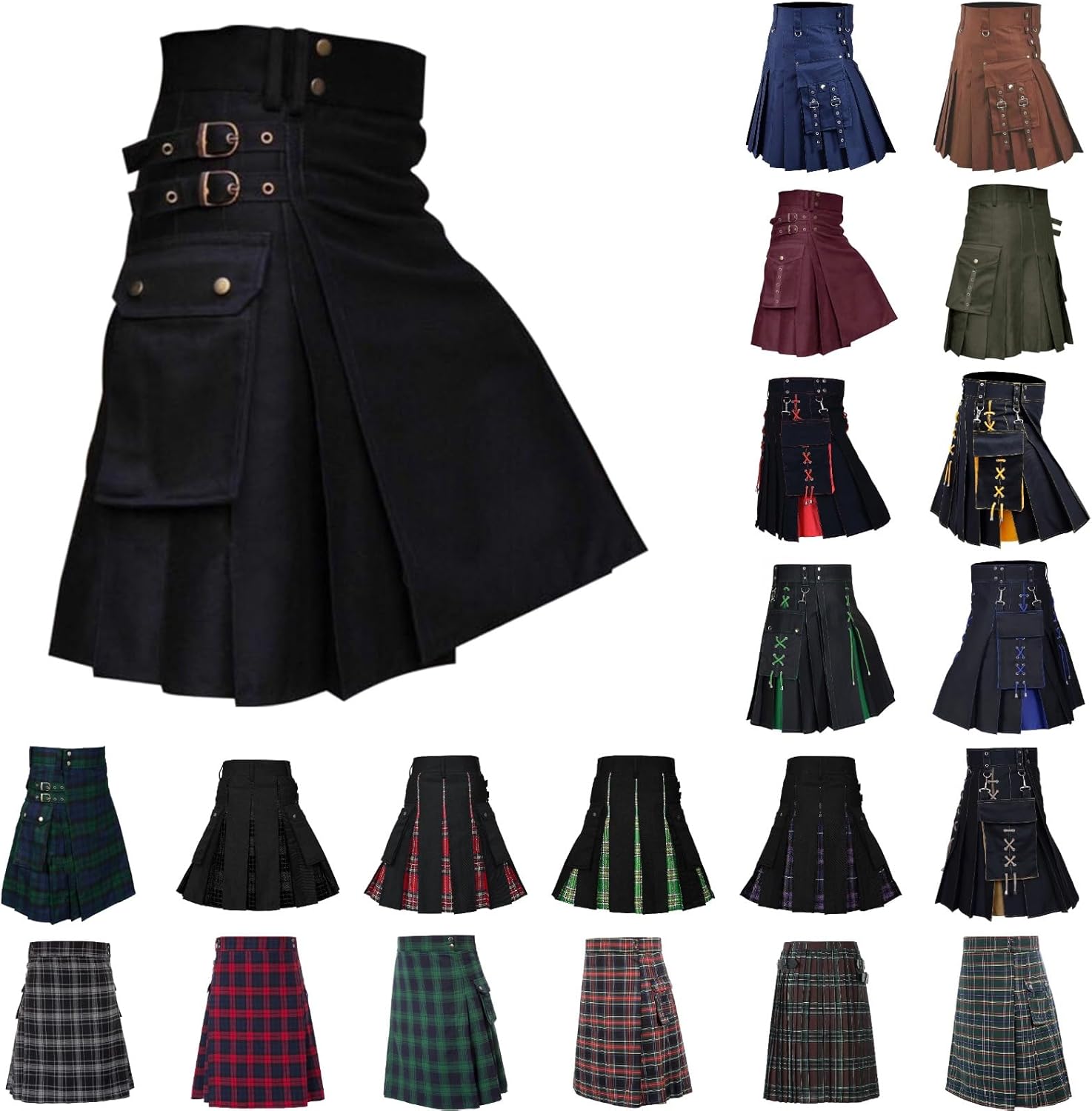 Mens Scottish Kilts Traditional Highland Tartan Utility Kilt High Waist Buckle Strap Pleated Skirt with Cargo Pockets