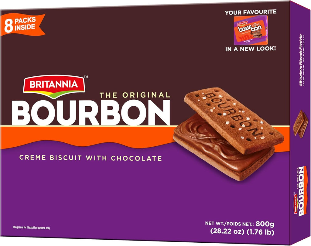 Britannia The Original Bourbon Chocolate Crème Biscuits Family Pack, Classic Chocolate Sandwich Cookies, 800g (28.22 oz / 1.76 lb), 8 Packs Inside