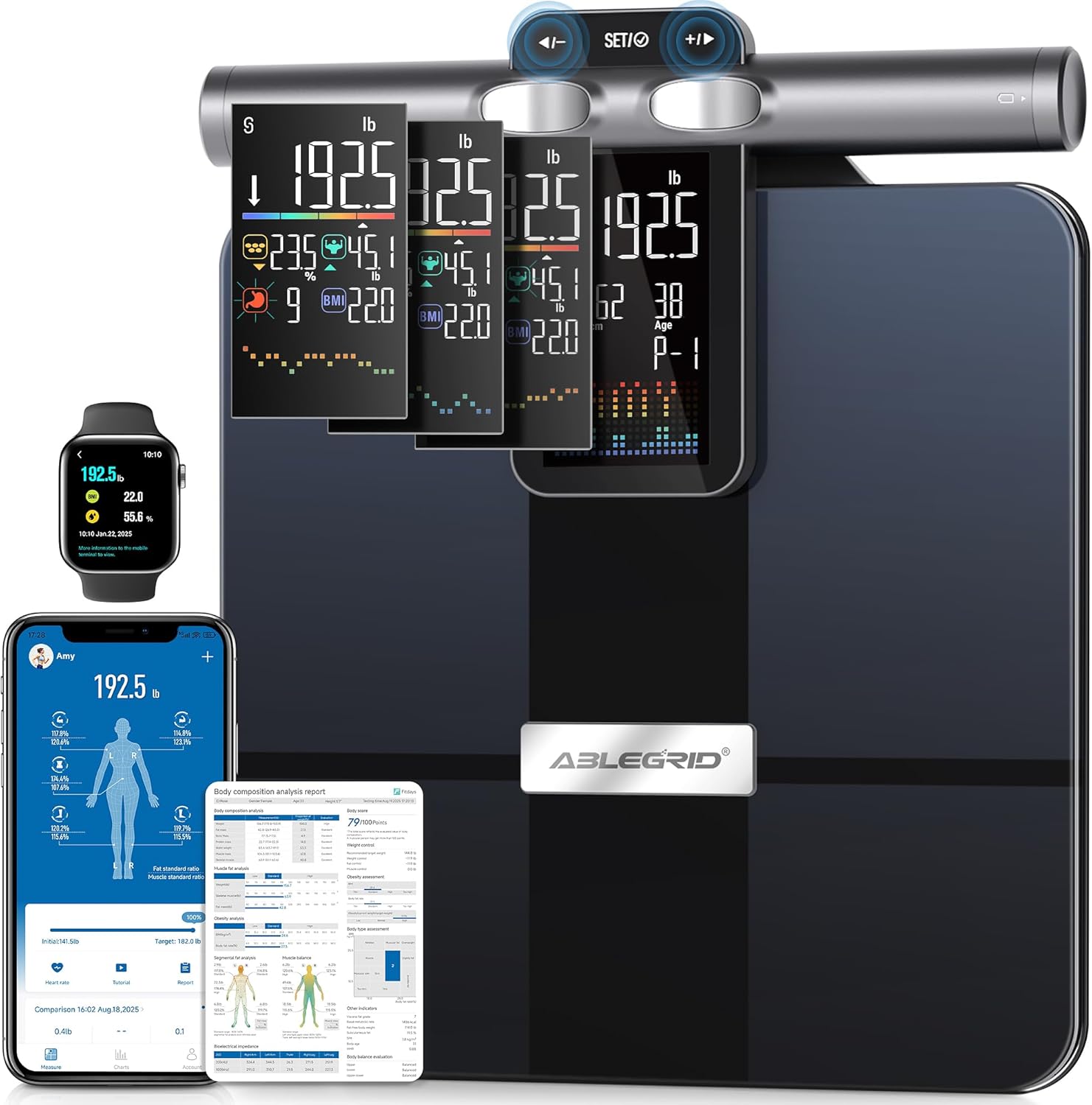 ABLEGRID 8-Electrode Digital Smart Bathroom Scale for Body Weight and Fat Percentage,Full Body Composition Analyzer with Gradient Trends Display,12.2" Platform Handle BMI Weighing Machine,400lb