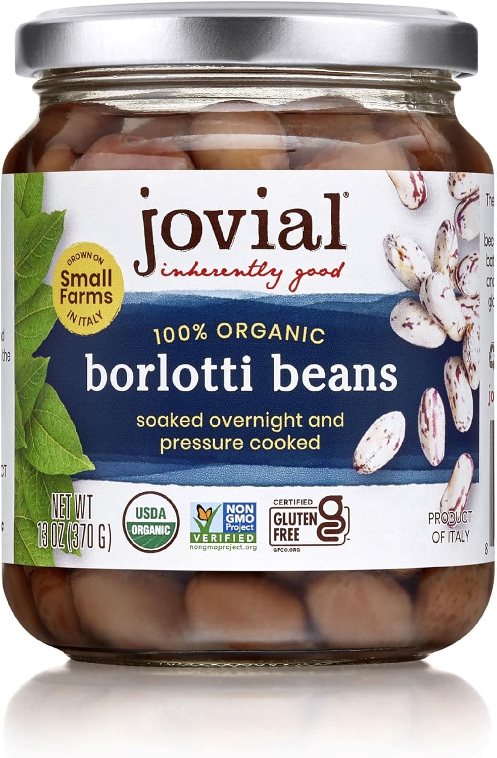Jovial 100% Organic Borlotti Beans - Borlotti, Organic Borlotti, No Saturated Fat, Gluten Free, Recyclable Glass, Great Source of Fiber, No Additives or Preservatives, Product of Italy - 13 Oz