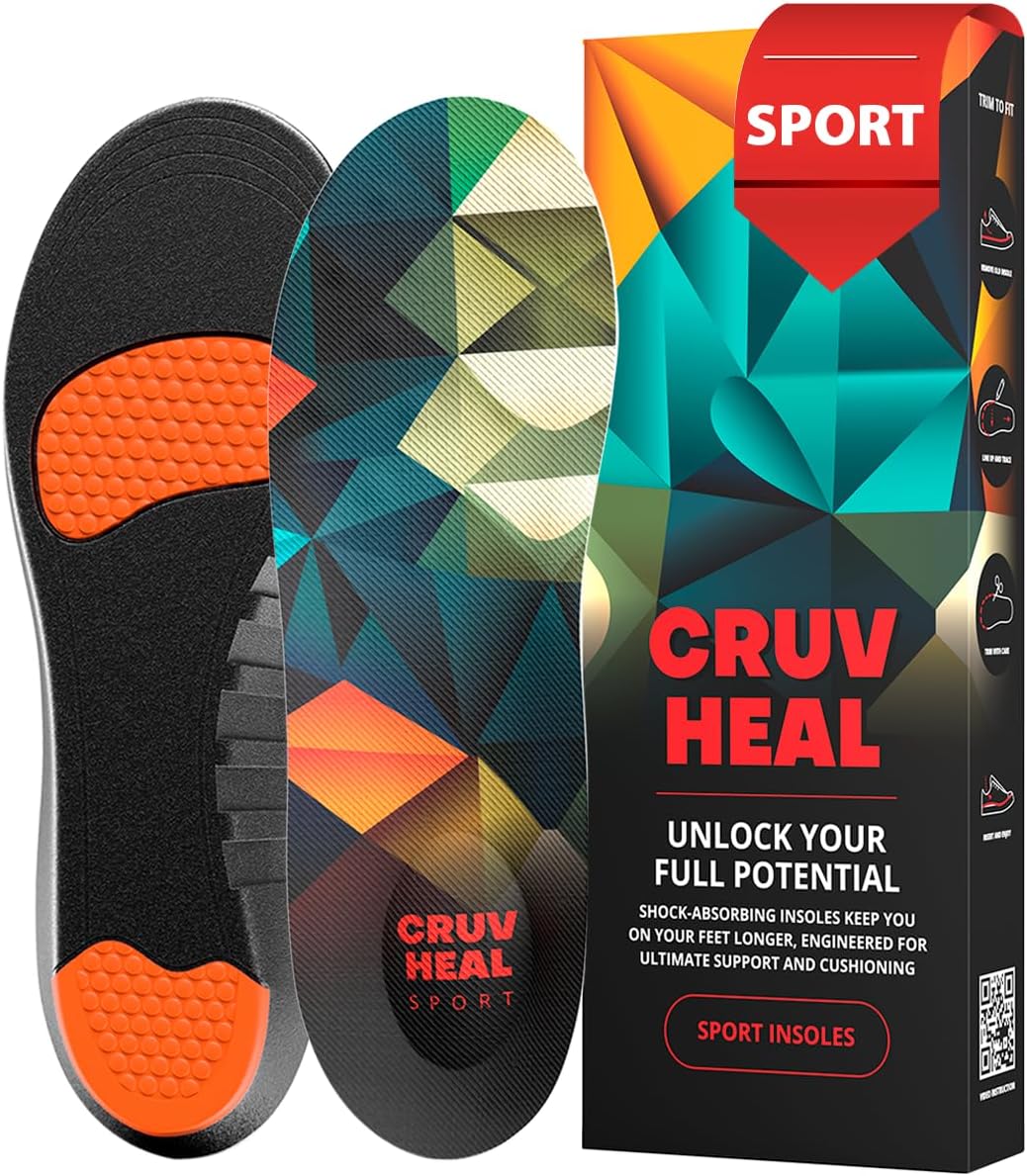 CRUVHEAL Sport Shock Absorbing Insoles - Basketball Athletic Shoe Cushioning Inserts Men Women - Ideal for Active Sports Running Training - Neutral Arch for Sneakers Shoes, L
