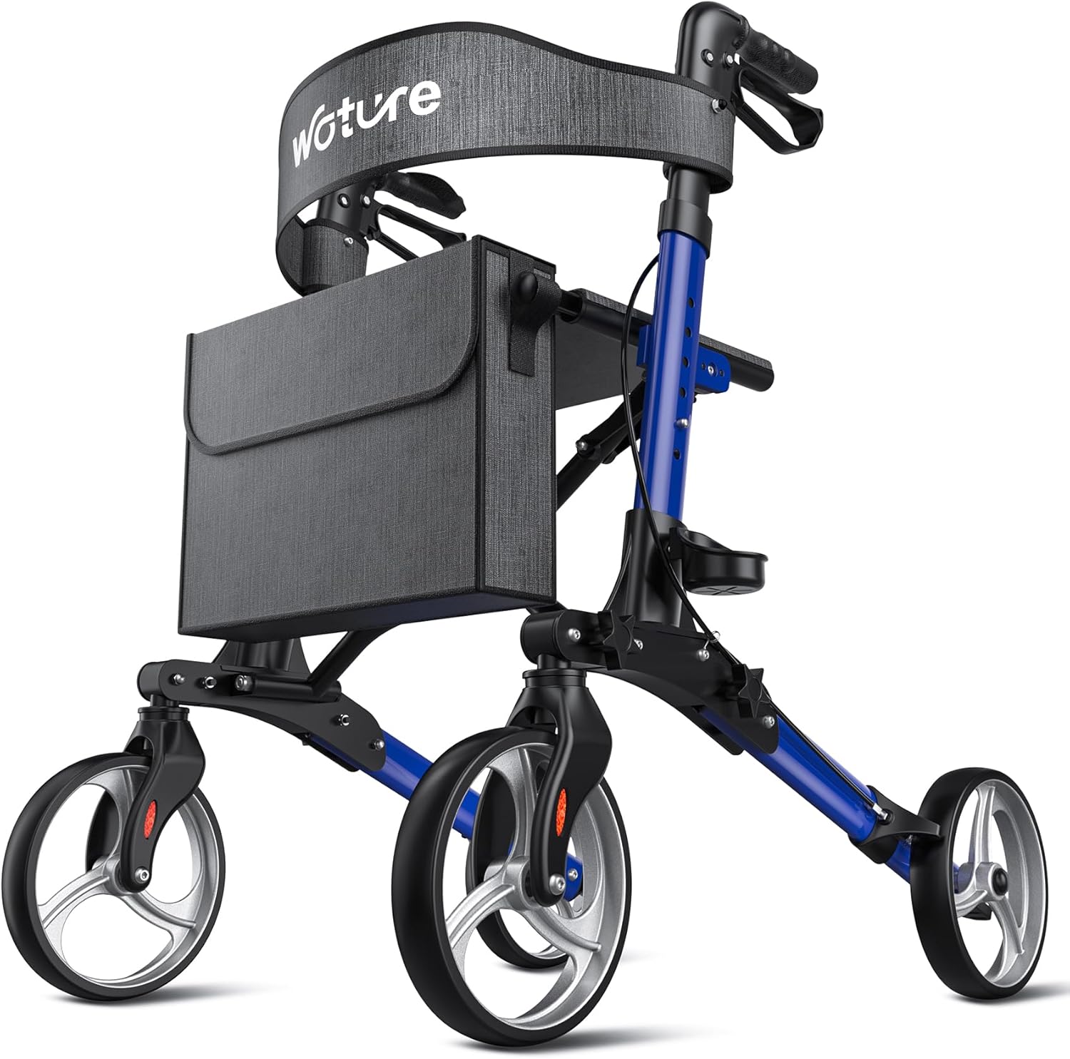 WOTURE Foldable Rollator Walker with Seat & Backrest – 8" All Terrain Wheels for Indoor/Outdoor Use, Lightweight Mobility Aid with Storage Bag & Cane Holder, Adjustable Handles & Brakes, Blue