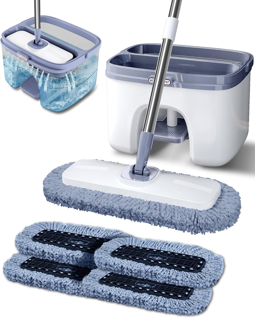 Flat Microfiber Mop and Bucket Set with Wringer, 360° Spin Mop for Floor & Wall Cleaning, 17.7x9in Wide Head, 4 Washable Pads, Hands-Free