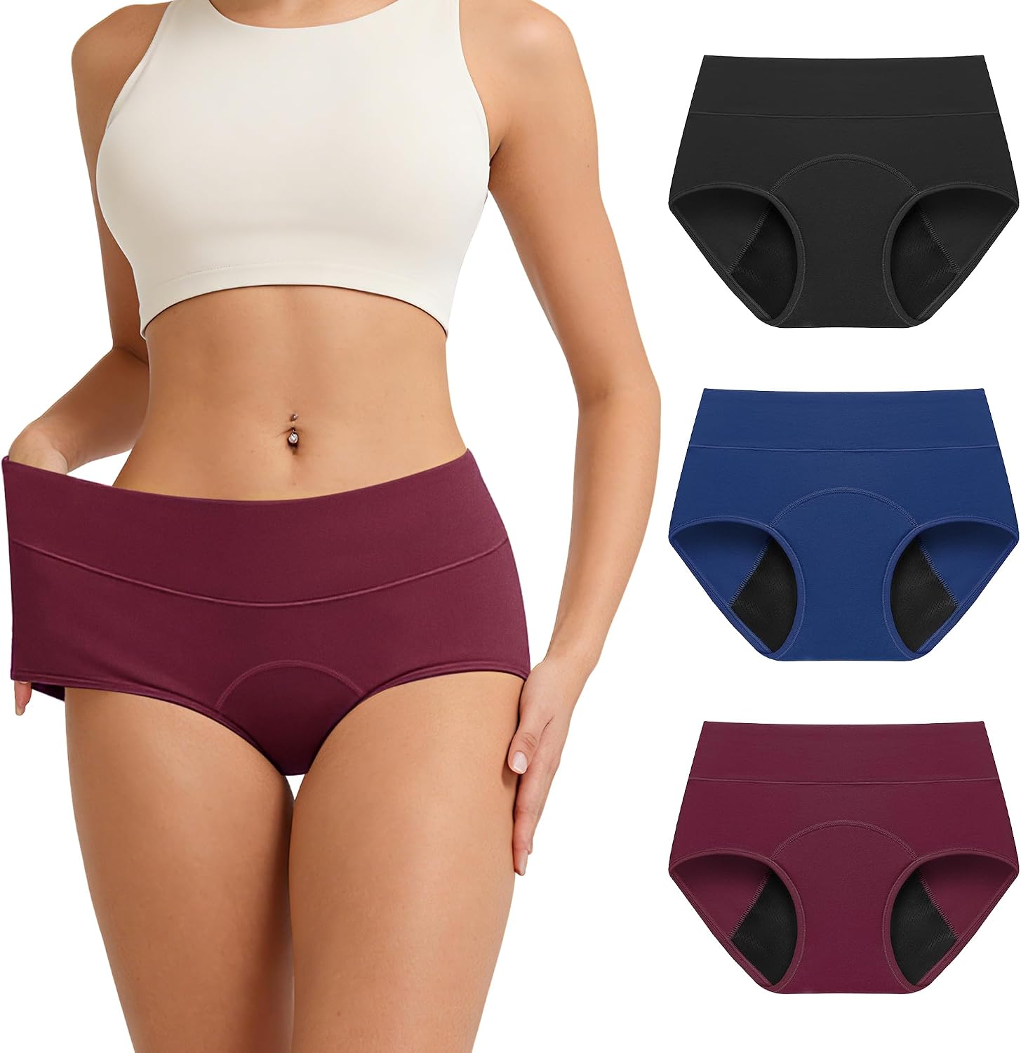 Period Underwear for Women High Waisted Leakproof Menstrual Panties Heavy Flow Absorbent Postpartum Briefs 3 Pack