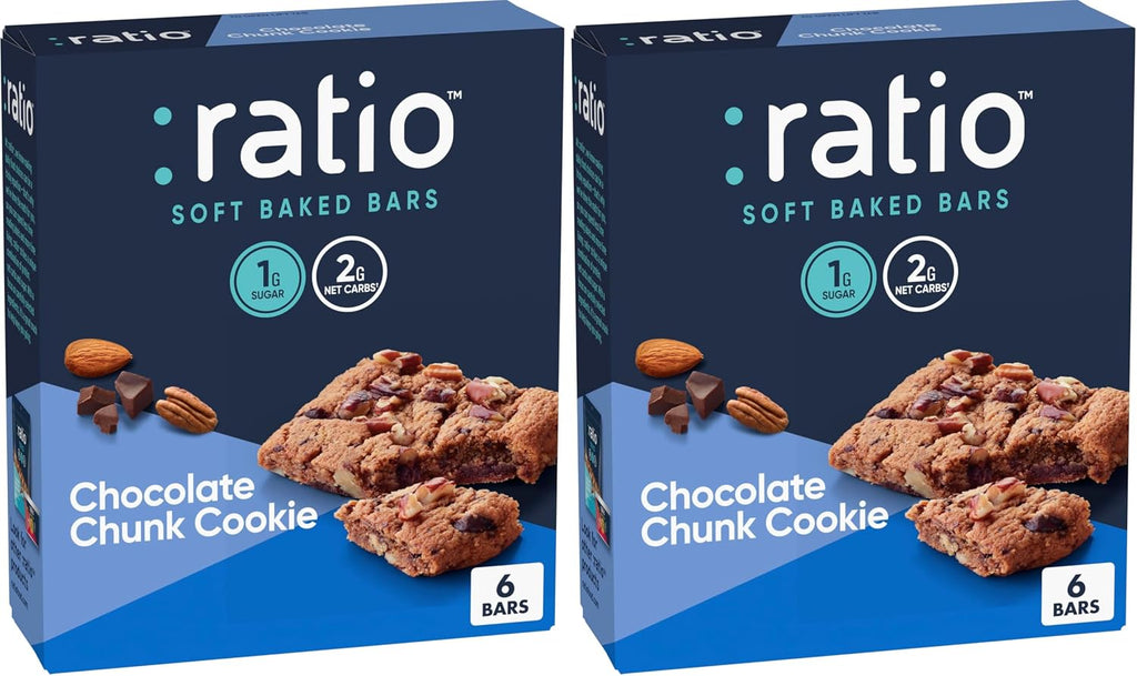 Ratio Soft Baked Bars, Chocolate Chunk Cookie, 1g Sugar, Keto Friendly, 5.34 OZ (6 Bars) (Pack of 2)