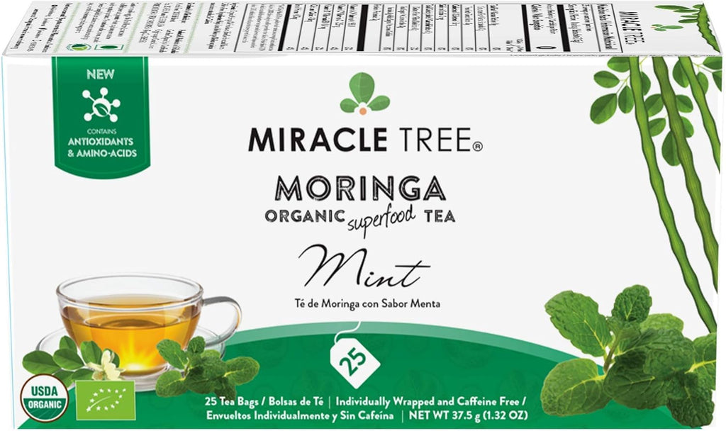 Miracle Tree - Organic Moringa Superfood Tea, 25 Individually Sealed Tea Bags, Mint (Keto, Detox, Energy & Immunity Booster, Vegan, Gluten-Free, Organic, Non-GMO, Caffeine-Free)