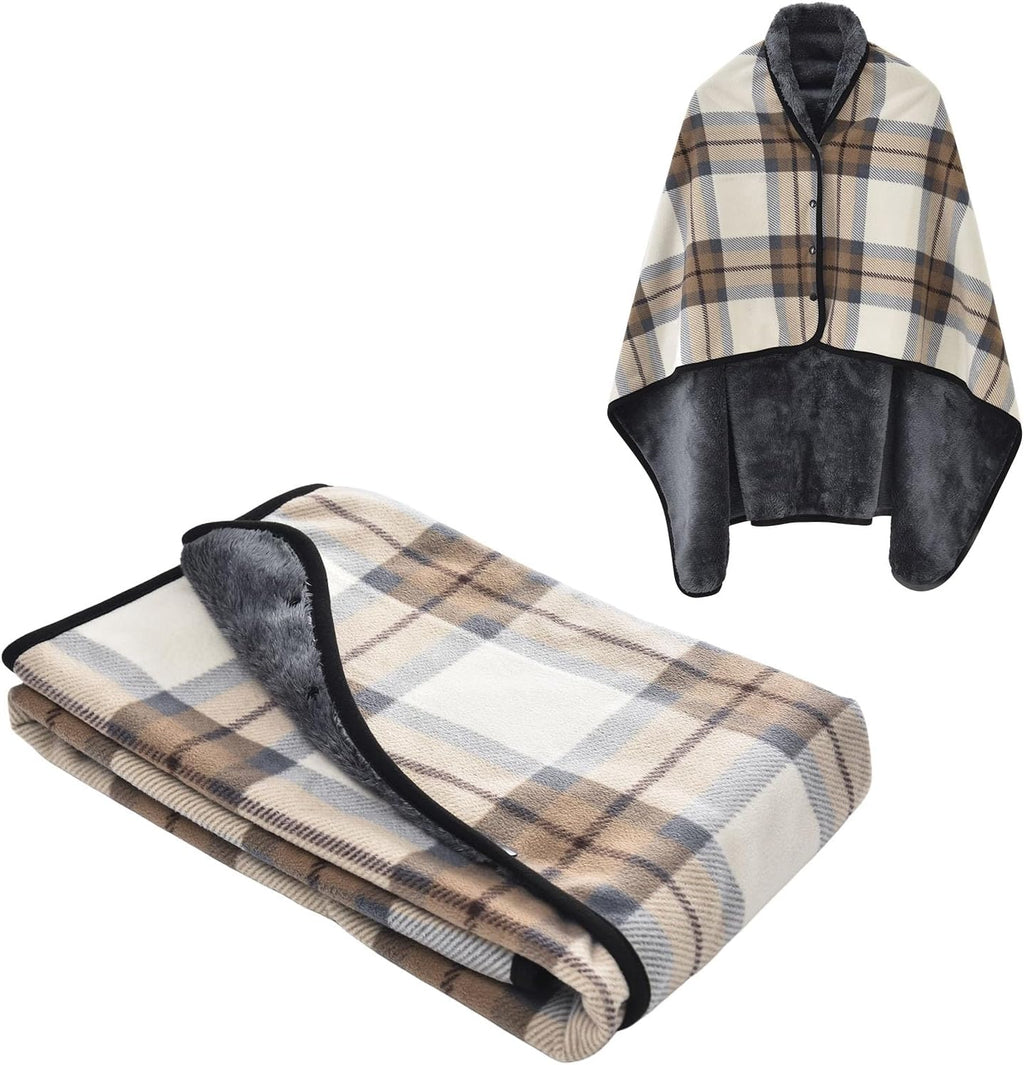 forestfish Fleece Wearable Blanket, Plaid Lap Blanket Comfy Poncho Throw with Buttons for Bed Sofa Office, Mocha