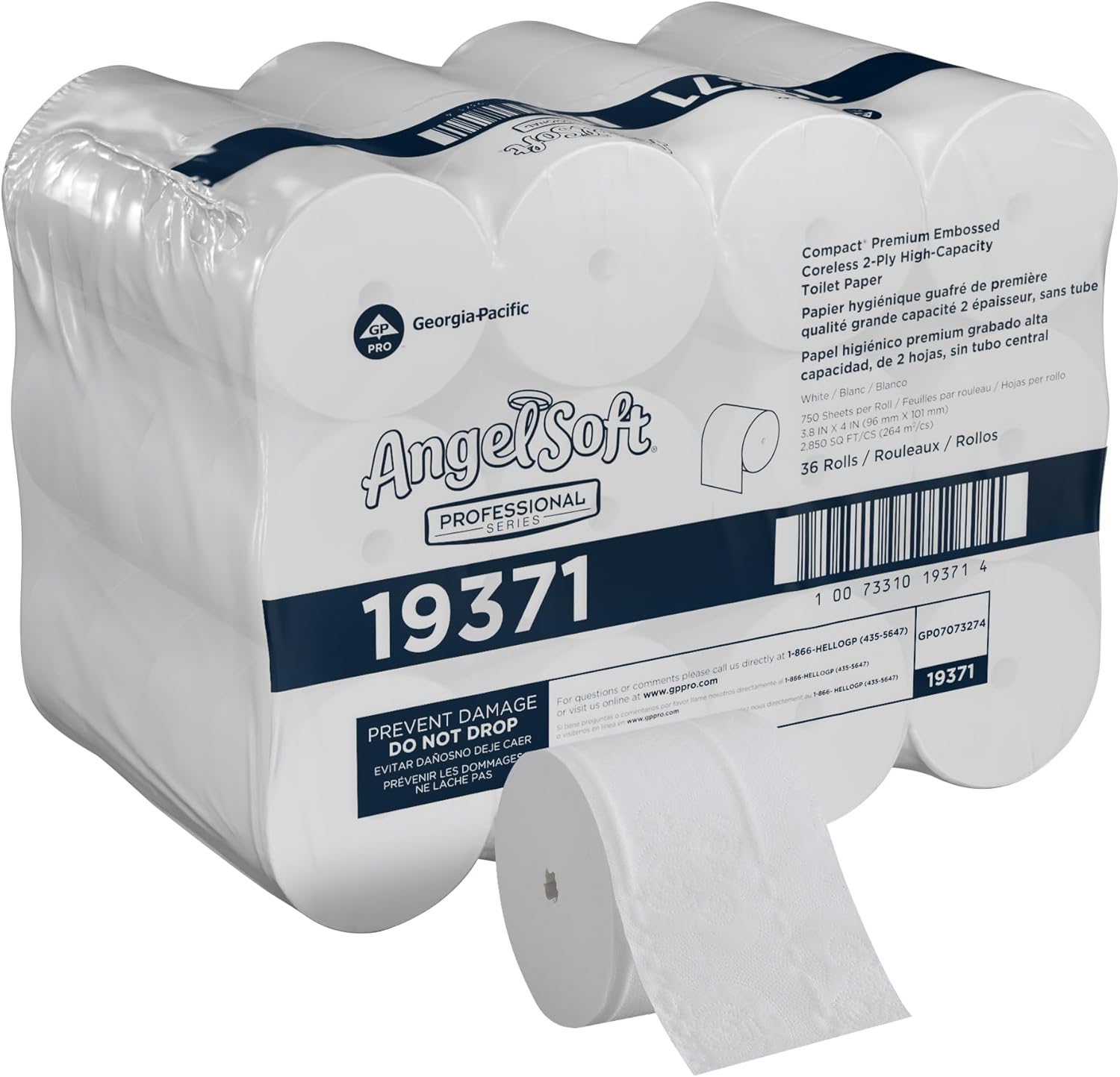 Angel Soft Professional Series Compact Premium Embossed Coreless 2-Ply High-Capacity Toilet Paper by GP PRO, White, 19371, 750 Sheets Per Roll, 36 Rolls Per Case