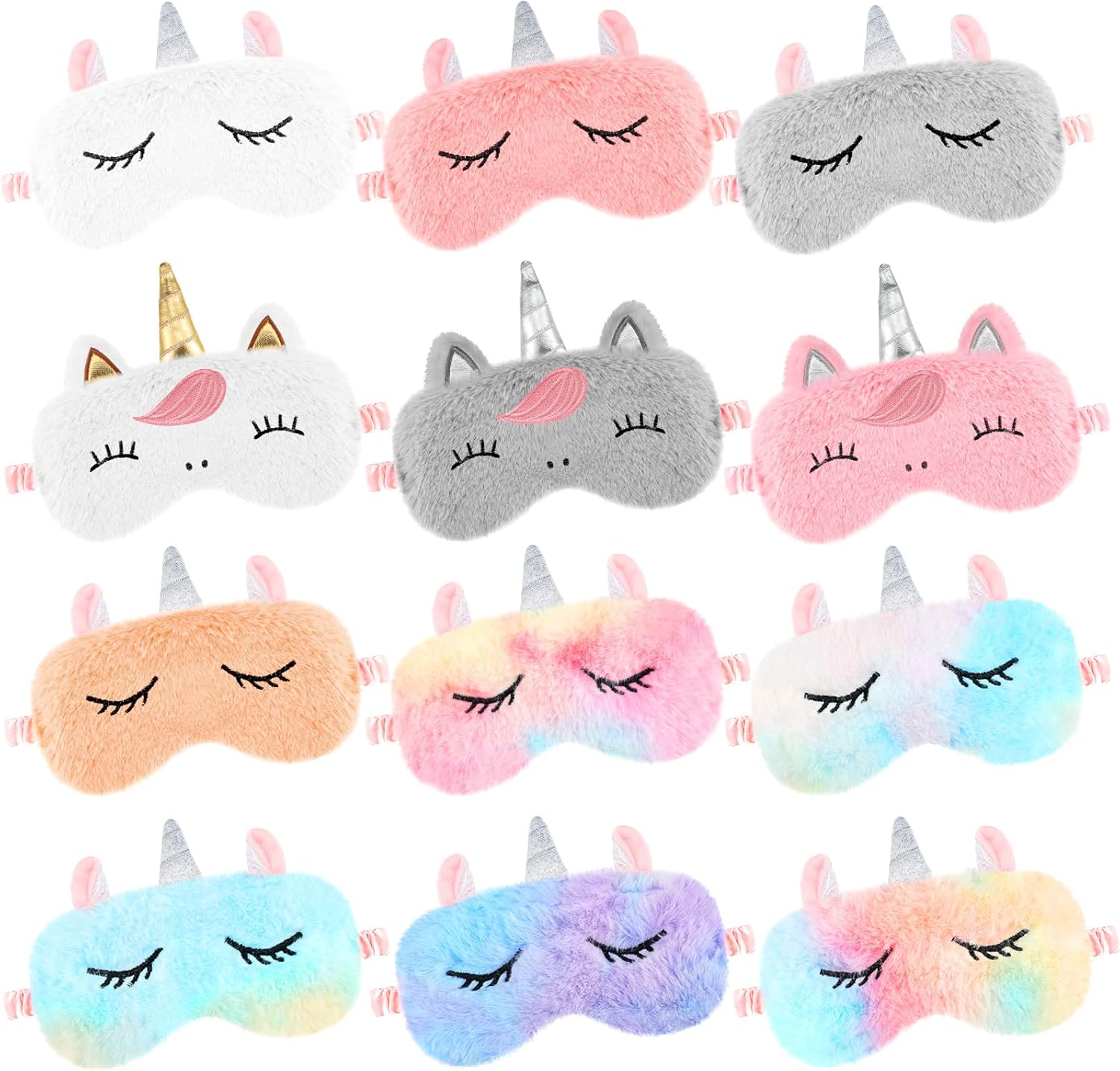 Newcotte 12 Pcs Unicorn Sleep Mask Rainbow Unicorn Plush Eye Covers Soft Eye Mask for Sleeping Bulk Funny Sleeping Mask Sleep Blindfold for Women Night Party Travel Nap Lunch Break