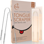 TruLife Tongue Scraper Tongue Cleaner Surgical Grade Stainless Steel (2 Pack), Reduce Bad Breath (Travel Cases Included), Metal Tongue Cleaner, Tongue Scraper for Fresher Breath & Easy to Use