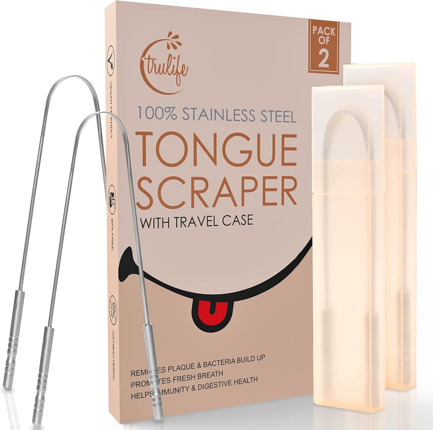 TruLife Tongue Scraper Tongue Cleaner Surgical Grade Stainless Steel (2 Pack), Reduce Bad Breath (Travel Cases Included), Metal Tongue Cleaner, Tongue Scraper for Fresher Breath & Easy to Use