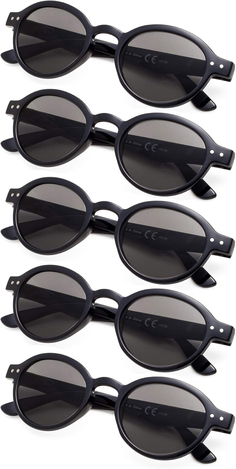 5-Pack Round Retro Reading Glasses with Spring Hinges Include Sunshine Readers
