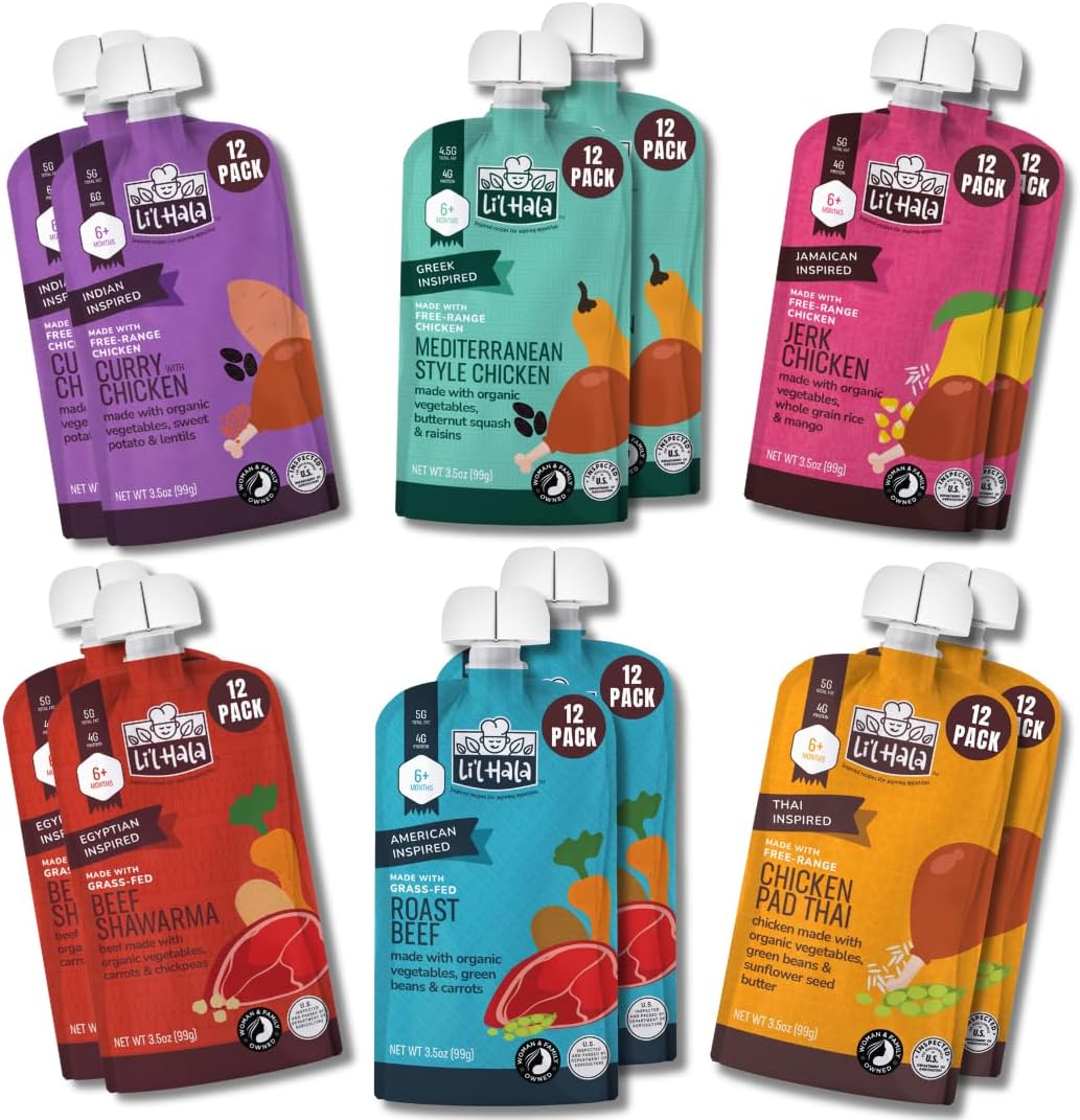 Li’l Hala Baby Food Meat Pouch Variety (12 ct)| Beef & Chicken Savory Baby Food Pouches with Protein & Organic Veggies, Toddler Snacks with Iron & Fiber| Stage 2 Toddler Food 6+ Months Puree Meal