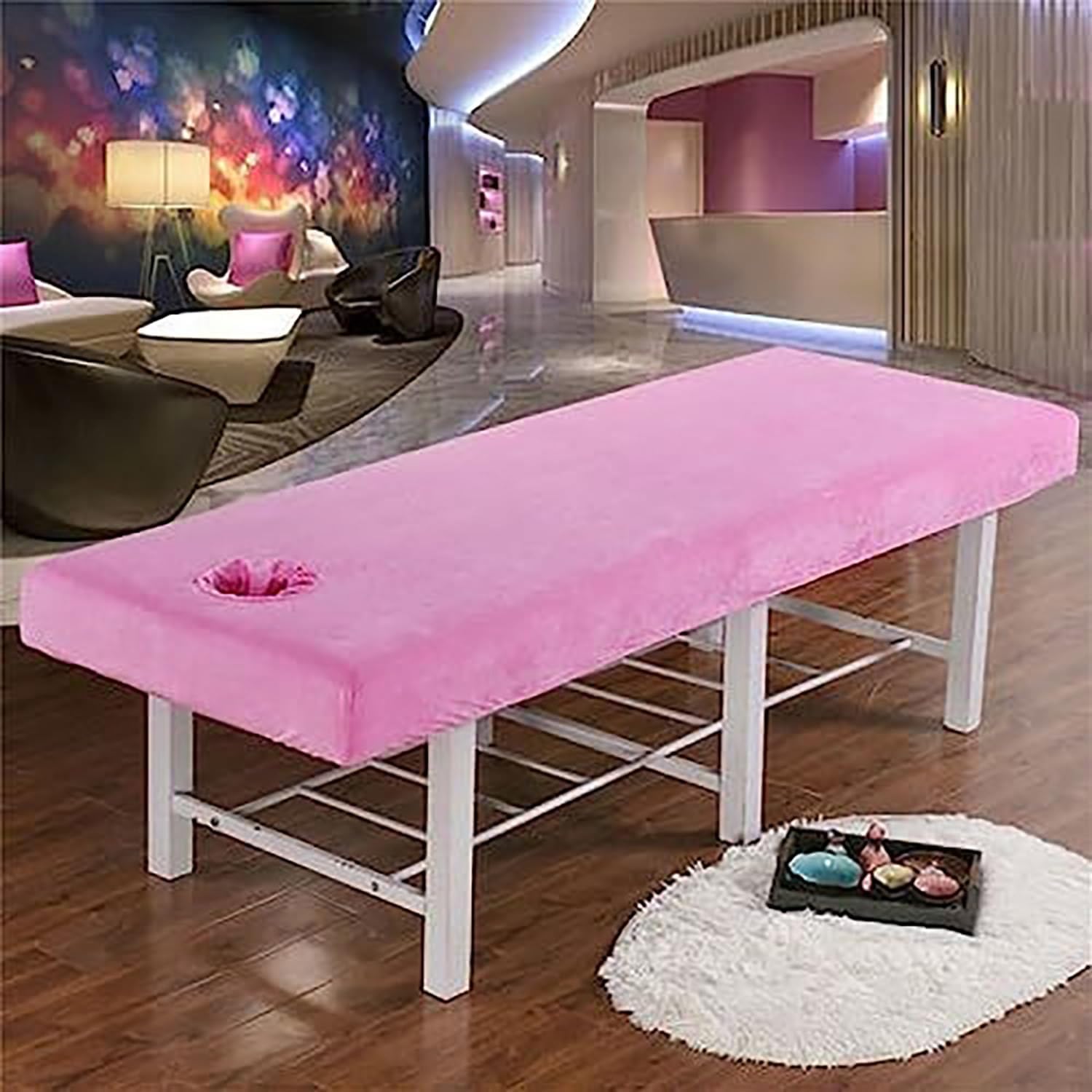 Massage Bed Sheet with Face Hole for Spa Salon, 80×190 cm/31.5×74.8 inch Massage Table Cover Washable Crystal Velvet Fabric, Elastic Cord for Facial Couch and Table(Pink)
