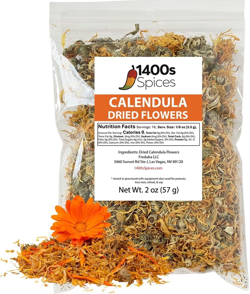 2oz Calendula Flower Petals Dried – Herbal Tea, Edible Flowers for Tea & Culinary Use, Vibrant Marigold Petals by 1400s Spices