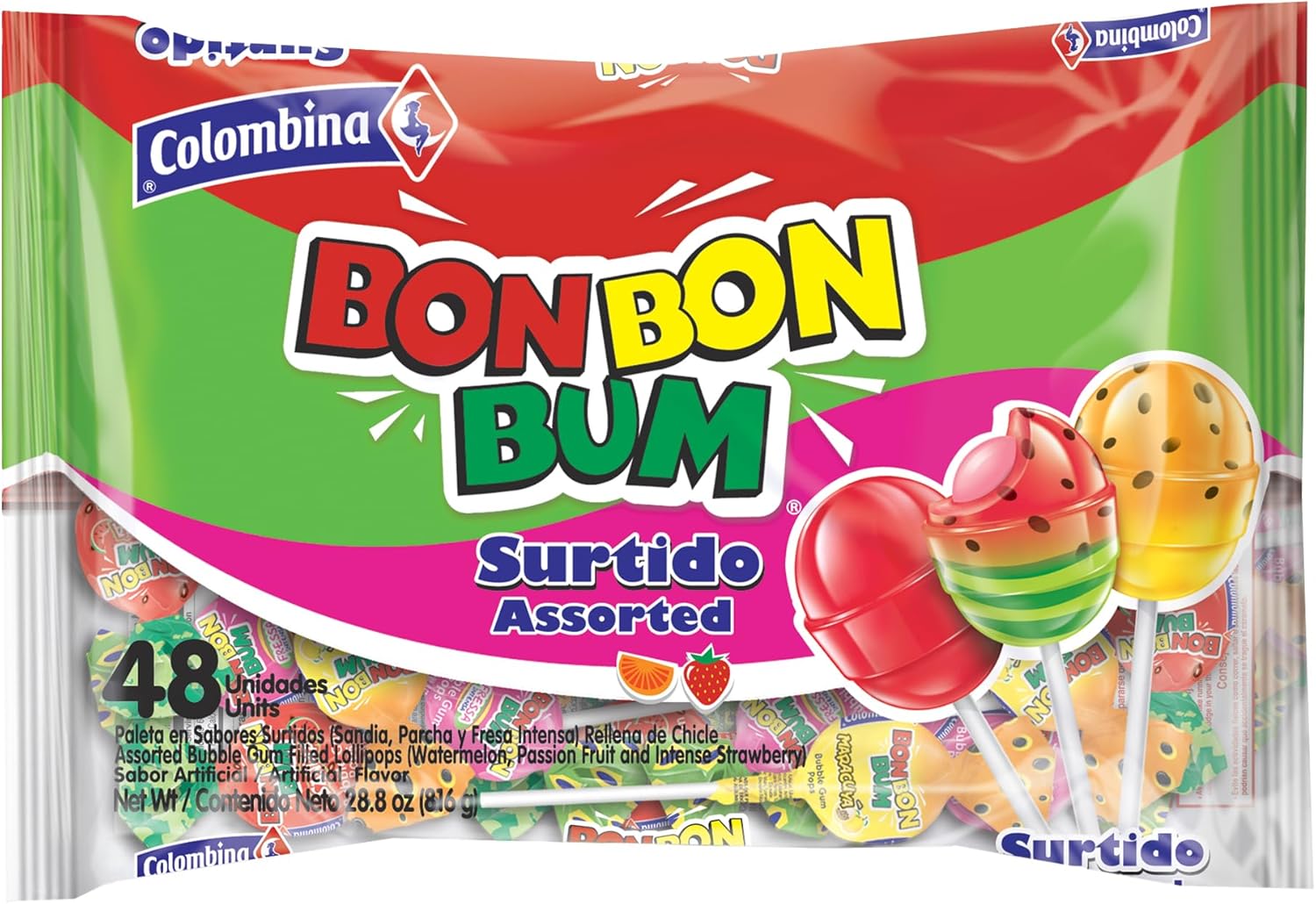 Colombina Bon Bon Bum Assorted Lollipops Fruit Hard Candy, Individually Wrapped Sweet Fruit Pops, 48 Count (Pack of 1)