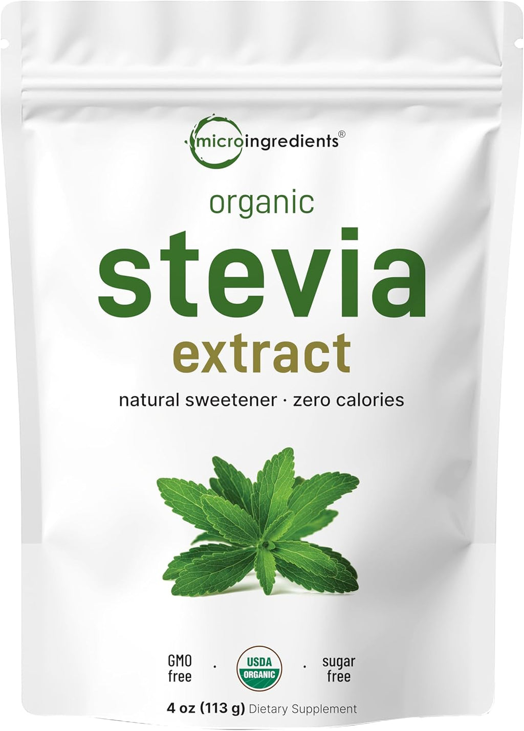 Micro Ingredients Pure Organic Stevia Powder, 4 Ounces, 706 Serving, Highest Grade Stevia Green Leaf Extract Reb-A, Reduced Bitter Aftertaste, 0 Calorie, Natural Sweetener, Sugar Alternative, Keto Friendly