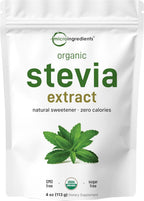 Micro Ingredients Pure Organic Stevia Powder, 4 Ounces, 706 Serving, Highest Grade Stevia Green Leaf Extract Reb-A, Reduced Bitter Aftertaste, 0 Calorie, Natural Sweetener, Sugar Alternative, Keto Friendly