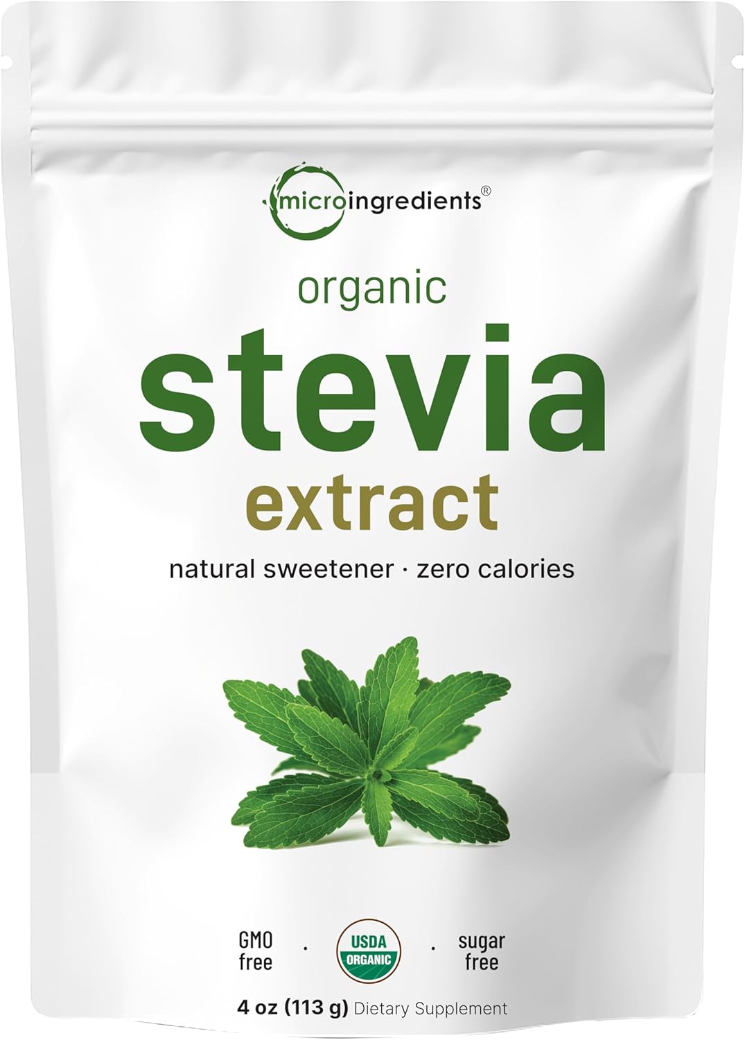 Micro Ingredients Pure Organic Stevia Powder, 4 Ounces, 706 Serving, Highest Grade Stevia Green Leaf Extract Reb-A, Reduced Bitter Aftertaste, 0 Calorie, Natural Sweetener, Sugar Alternative, Keto Friendly