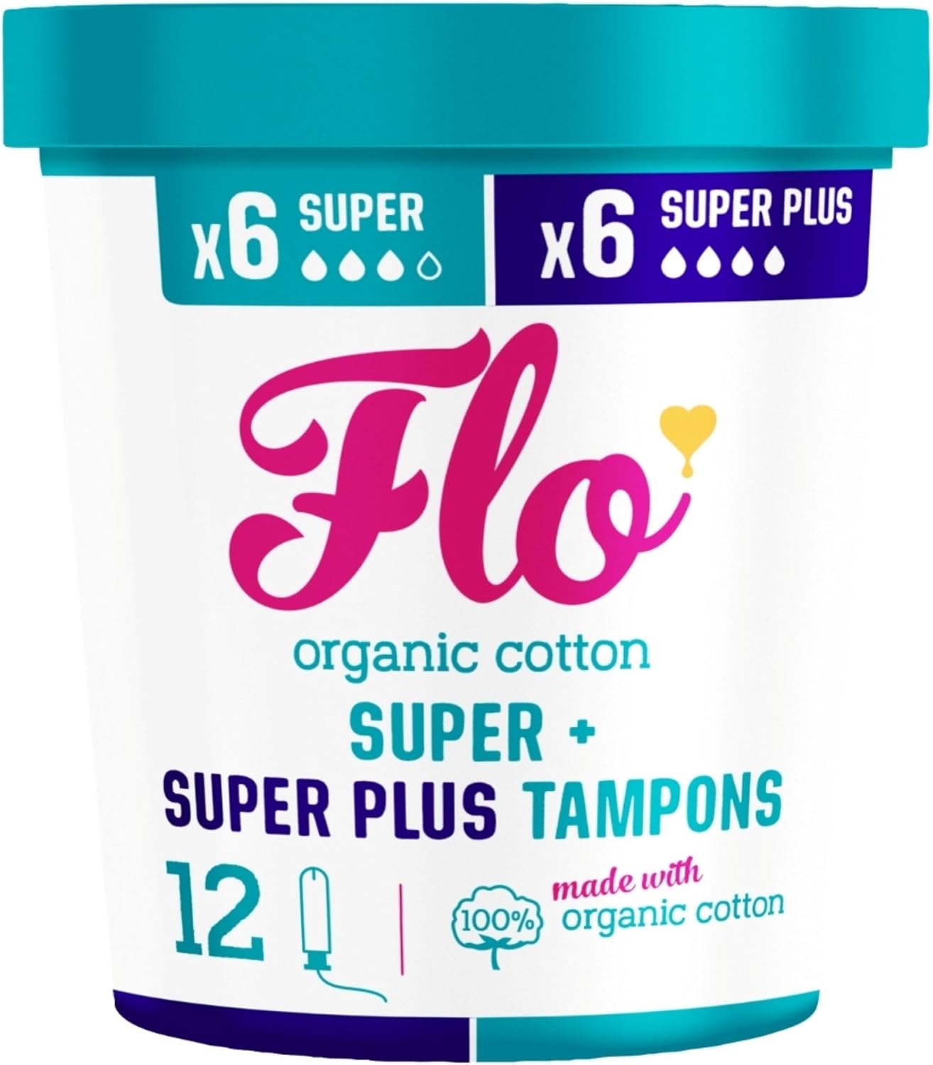 Flo - Organic Cotton Tampons for Women - 12 Pack (6 Super, 6 Super Plus) - Leak Proof - No Synthetic Fibers, Chlorine Bleach, Added Dyes - Bio-Plastic Applicator - Feminine Care - Vegan & Cruelty Free