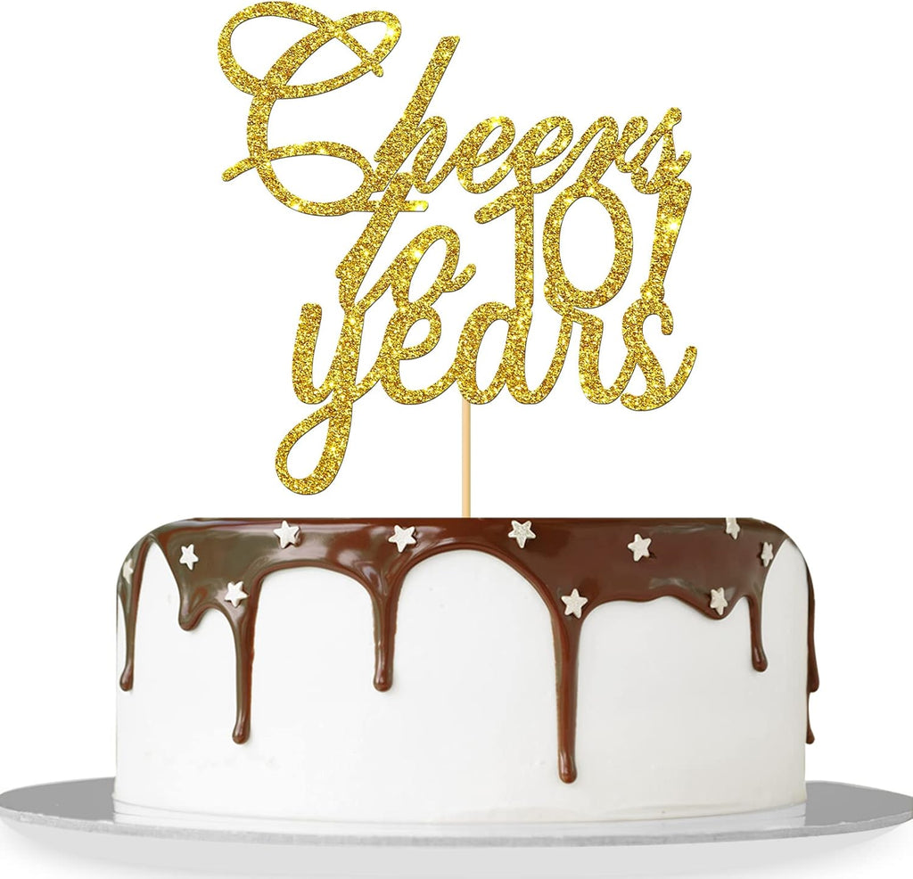 Gold Glitter Cheers to 10 Years Cake Topper - Children's 10th Birthday Cake Topper - 10 Years Blessed Wedding Anniversary Party Decorations
