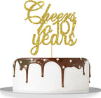 Gold Glitter Cheers to 10 Years Cake Topper - Children's 10th Birthday Cake Topper - 10 Years Blessed Wedding Anniversary Party Decorations