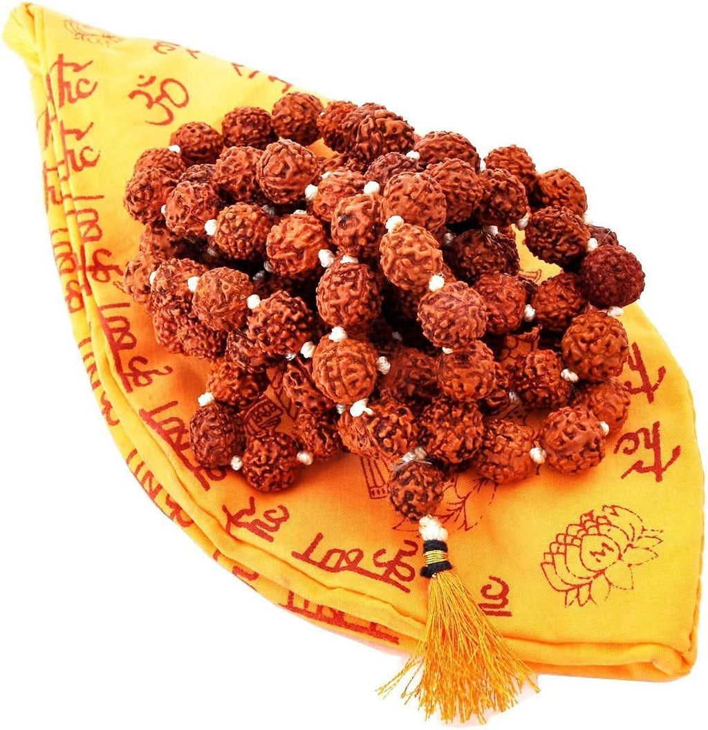 Rudraksha Japa Mala 7mm with Japa Bag Gomukhi | Natural Himalayan Genuine Original Rudraksha Rosary Garland Japa Mala Religious Tibetan Rudraksha Mala Necklace Bracelet Yoga Meditation Bead