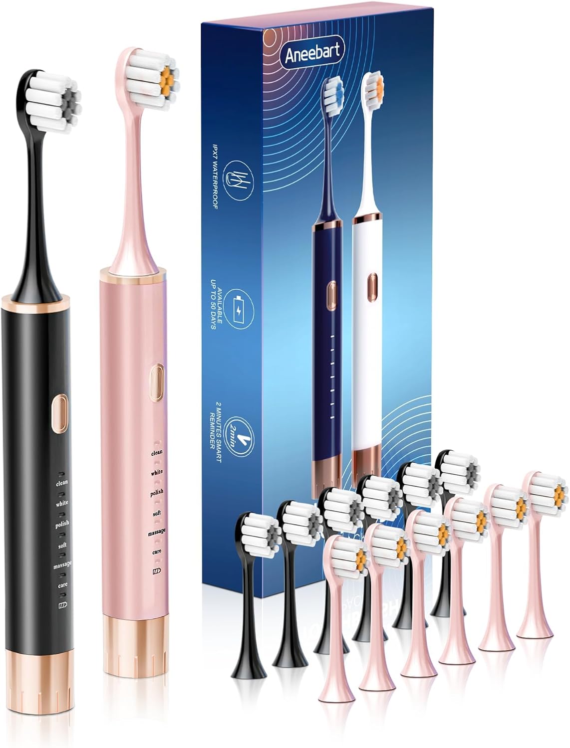 Black & Pink Electric Toothbrush for Adults, 2 Pack Toothbrush，USB Rechargeable Sonic Toothbrush with 12 Brush Heads, Smart Timer, 6 Modes, 2-Hour Fast Charge Last 30 Days