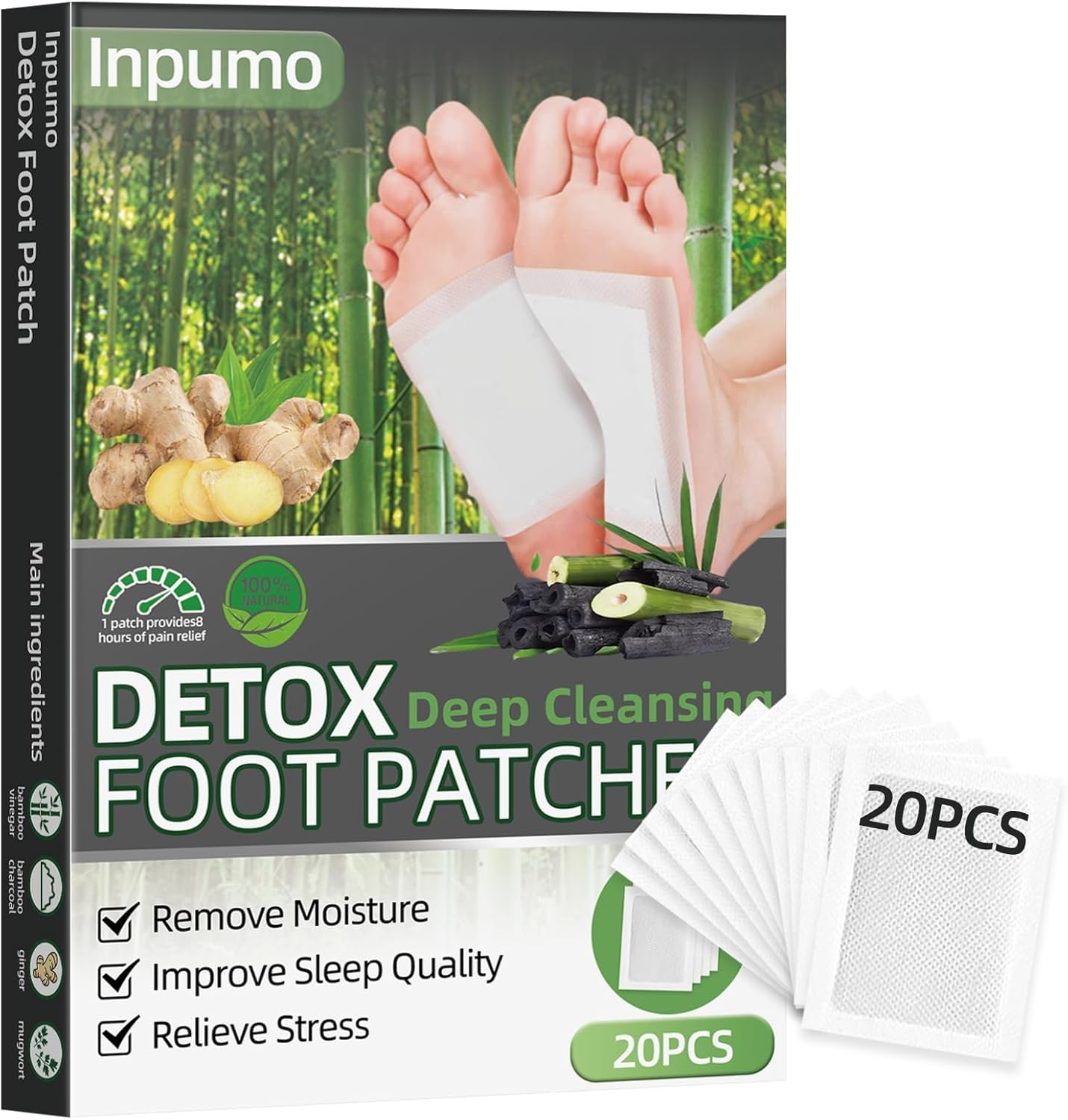 Foot Patches 20 Pack, Natural Ingredients Foot Care Patches with Bamboo Vinegar and Ginger Powder,Restful Sleep & Helps Remove Tension,Comfortable Adhesive & No Trace