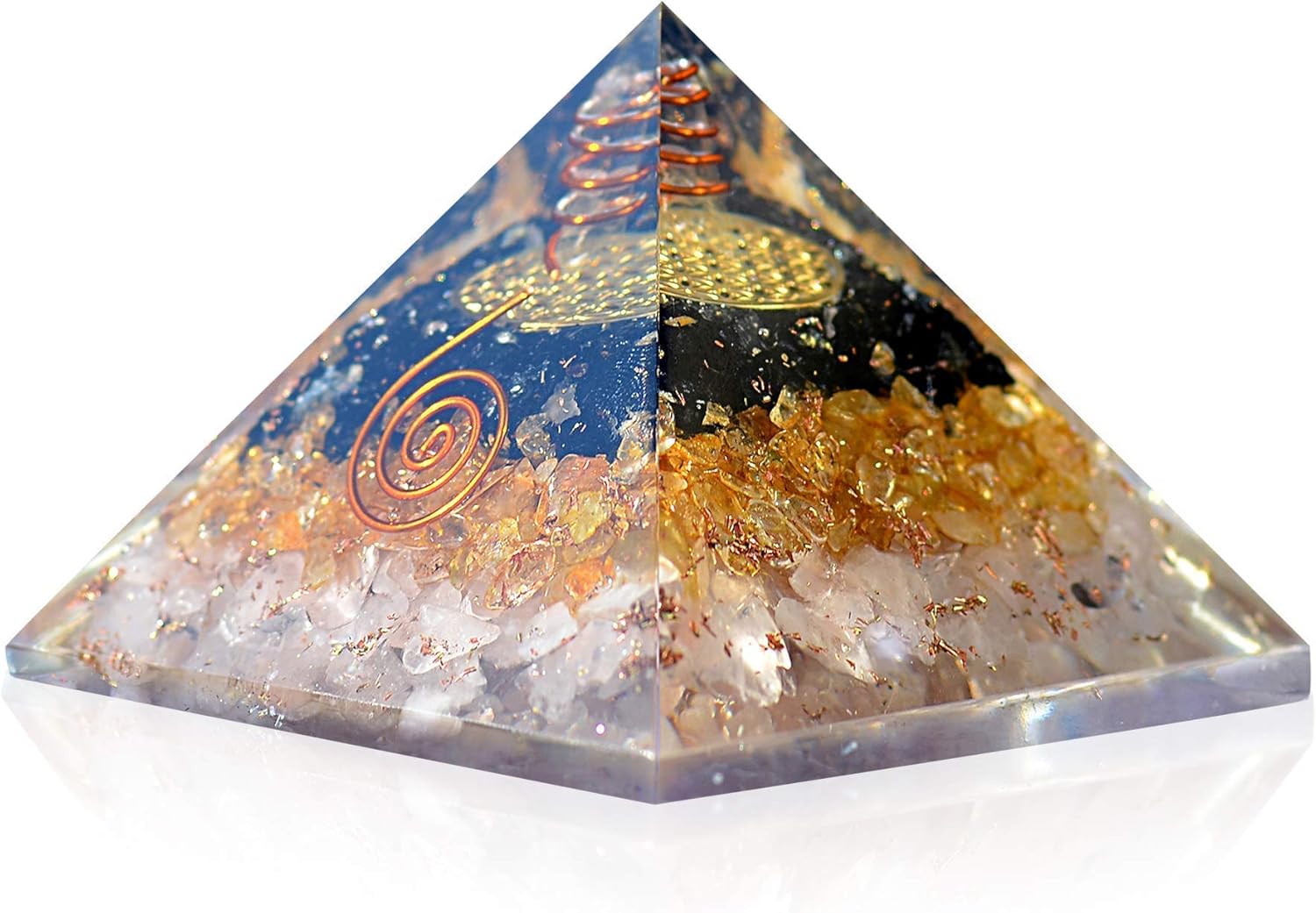 Orgonite Crystal Orgone Pyramid for Triple Health Protection with Black Tourmaline, Citrine and Rose Quartz – Positive Energy Generator for Healing, Wealth and Prosperity